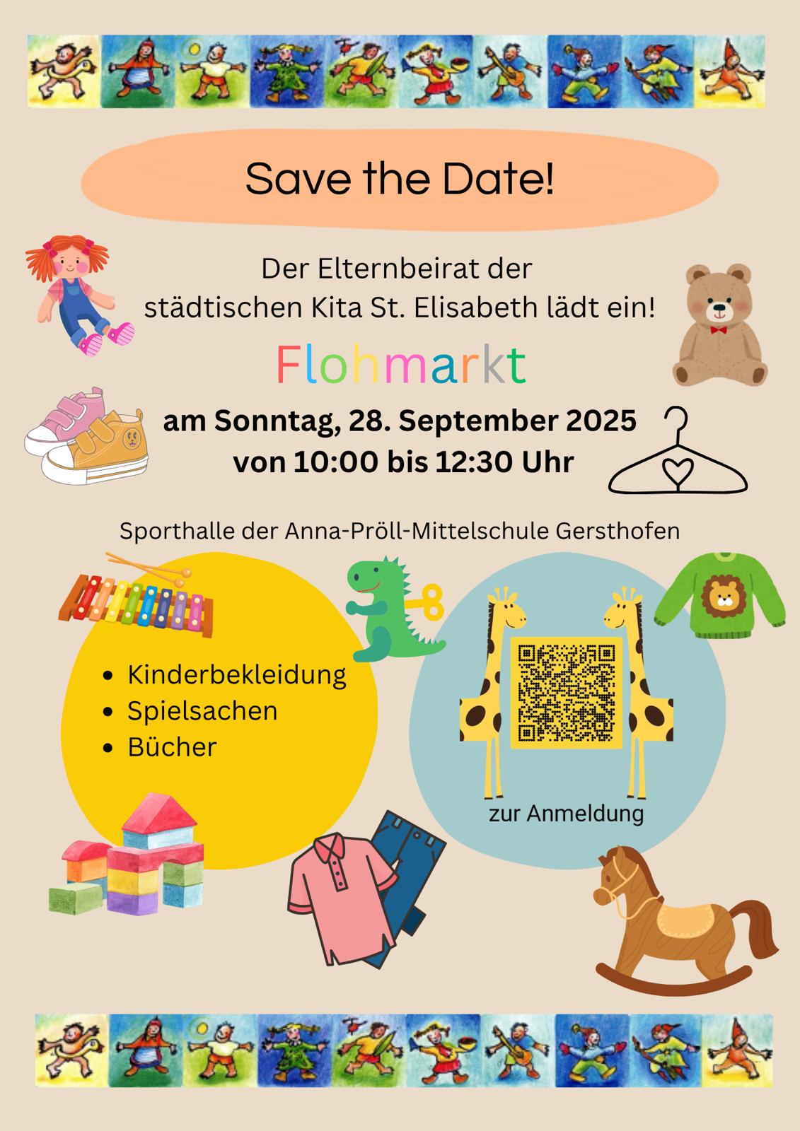 Am Sonntag, 28. September 2025, findet von 10.00 bis 12.30 Uhr ein großer Kinderflohmarkt in der Sporthalle der Anna-Pröll-Mitteschule Gersthofen statt!
