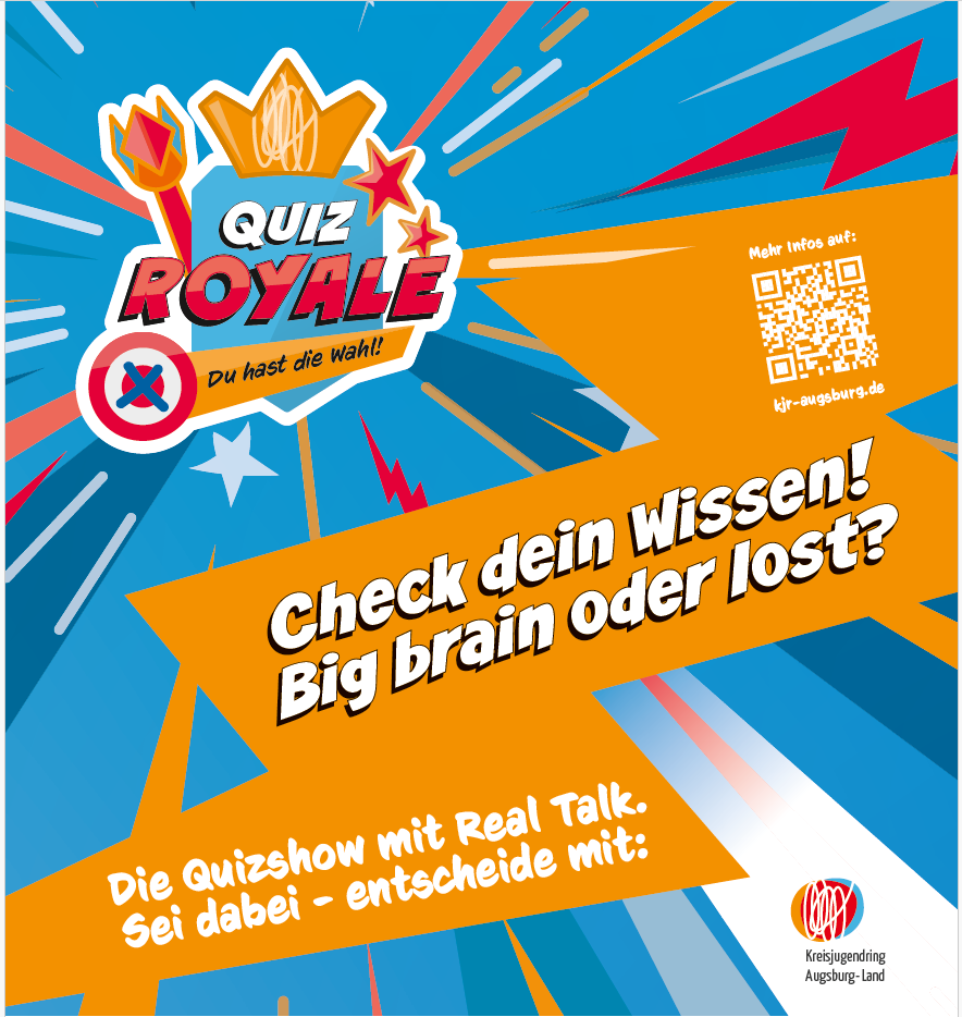 Der Kreisjugendring Augsburg-Land lädt Jugendliche aus Gersthofen am 5. Februar 2026 zur interaktiven Politik-Show „Quiz Royale – DU hast die Wahl!“ in der Anna-Pröll-Mittelschule Gersthofen ein.