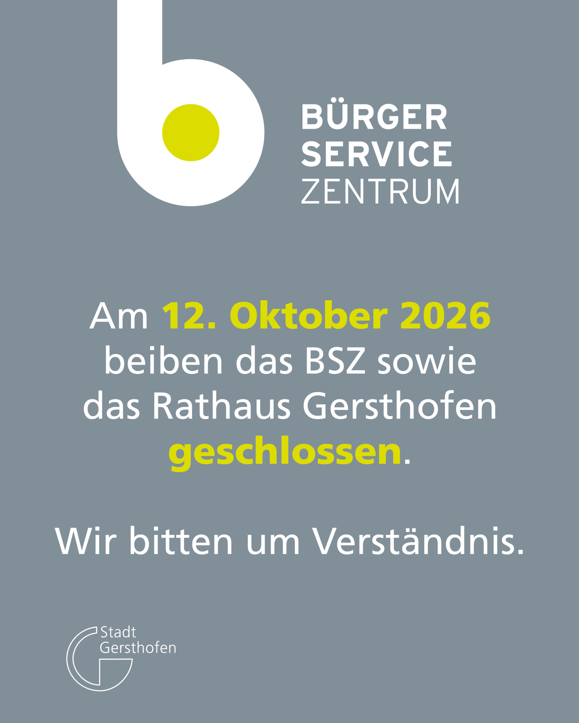 Bürgerservicezentrum am 12. Oktober 2026 geschlossen.